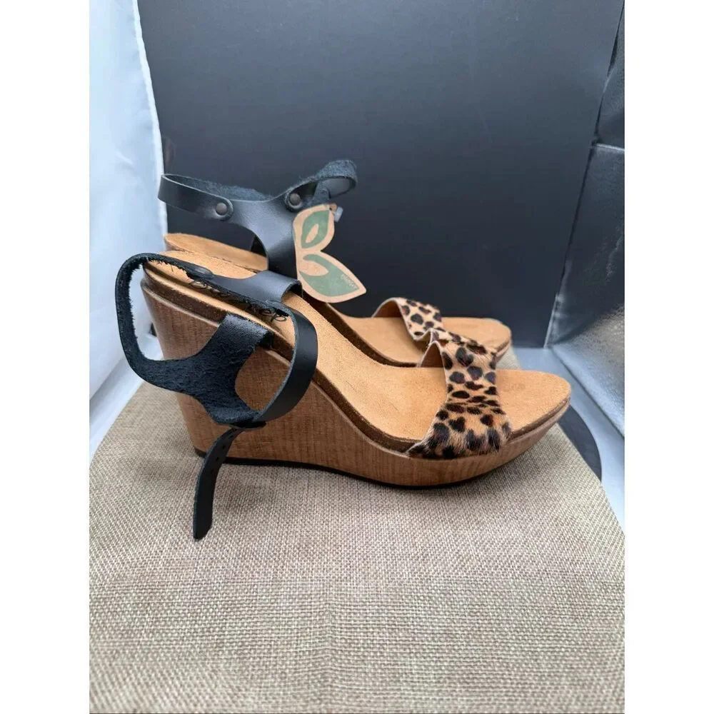 BioStep Wedges Leopard Print Pony Hair with Black Leather Strap Size 6